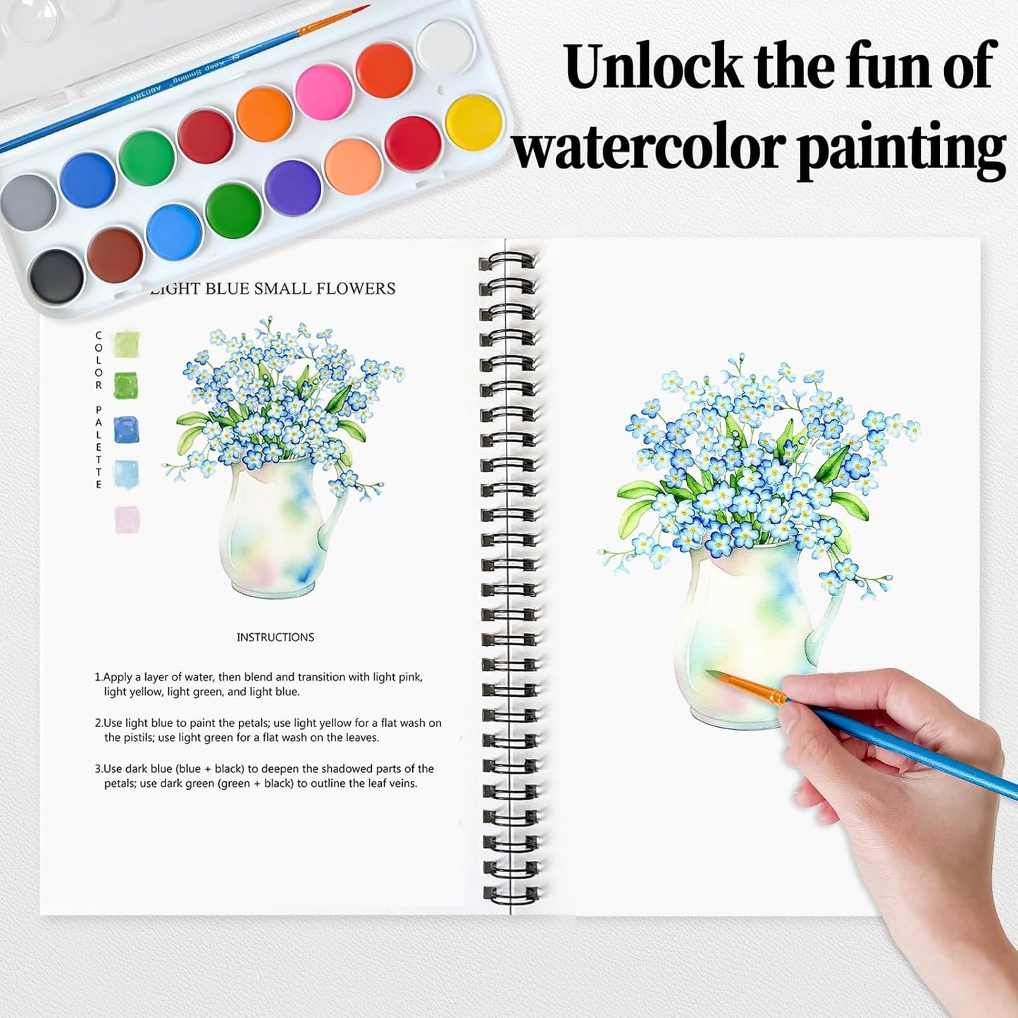 SLWBZ Watercolor Workbooks Coloring Book, Beginner Friendly Painting Kit, Detailed Steps, Creative Exploration Watercolor Book with Paint Set for Adults Teens (Pink Hydrangea, with Paint)