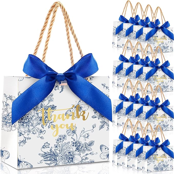 Kolldenn 40 Pcs Small Thank You Floral Gift Bags 5.5''x 2.4''x 4.7'' Blue White Paper Party Favor Bag with Handle Chinoiserie Floral Bag Bulk with Ribbon for Wedding Birthday Bridal Baby Shower