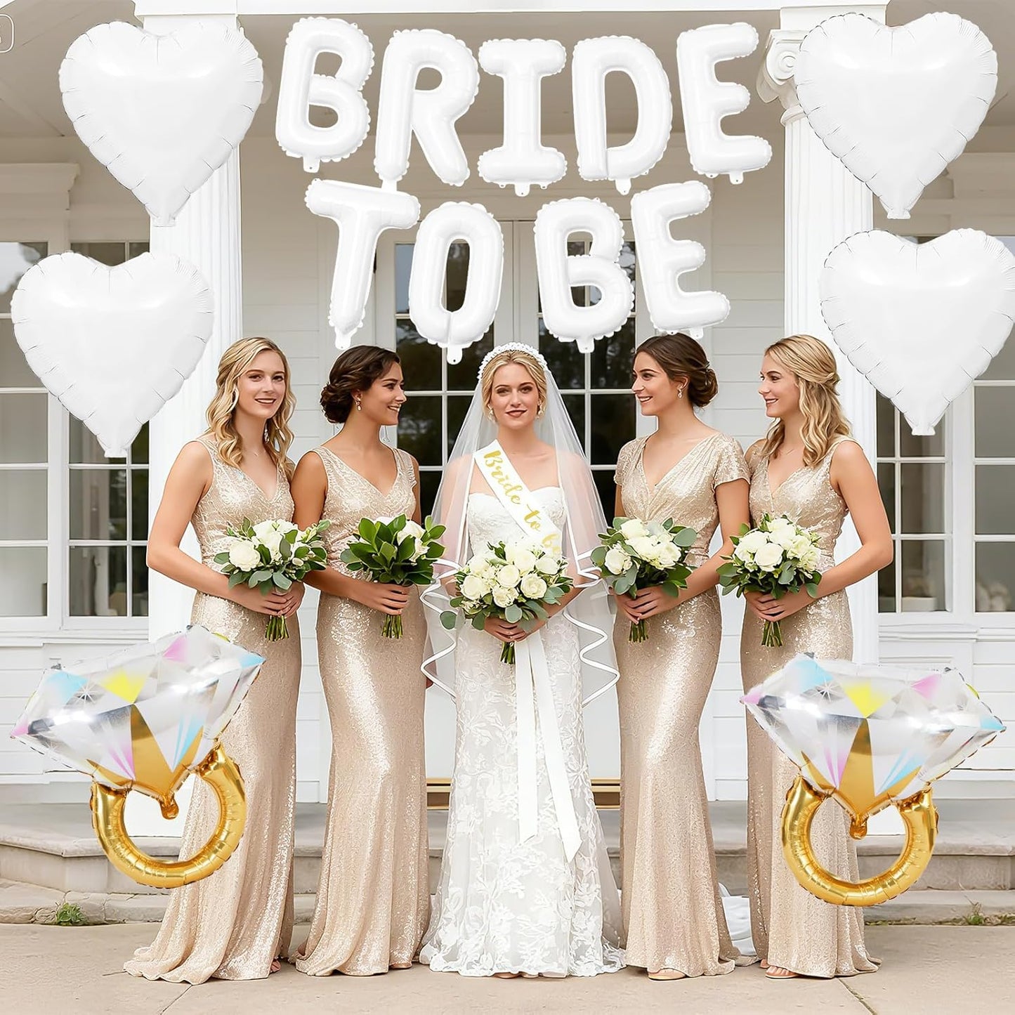 White Bachelorette Party Decorations, White Bride to Be Banner Heart Balloons with Diamond Ring Foil Balloon, Gold Bride to Be Sash&Veil for Bachelorette Engagement Gift Bridal Shower Party Supplies
