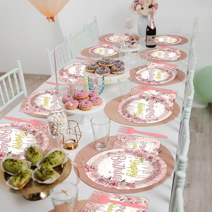 96Pcs Happy Birthday Party Supplies Floral Birthday Paper Plates Napkins Rose Gold Flower Birthday Party Decorations for Girls Women Floral Dinnerware Party Favor Spring Tea Tableware Serves 24
