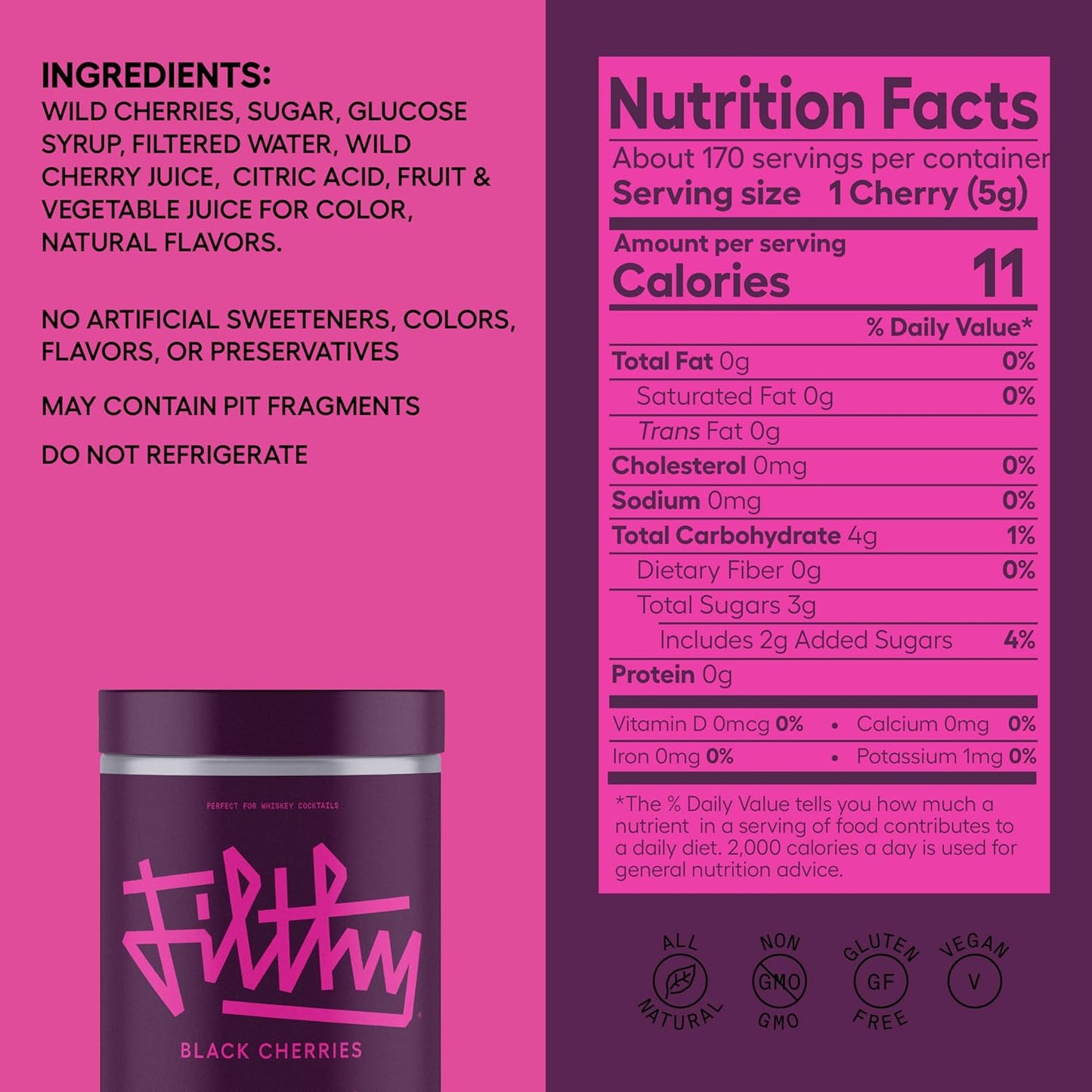 Filthy Cocktail Amarena Black Cherries, Premium Cocktail Garnish, All Natural Wild Italian Amarena Black Cherry, Non-GMO, Gluten Free, Vegan, Slow-Cooked, 45 Oz Tin, 170 Cherries