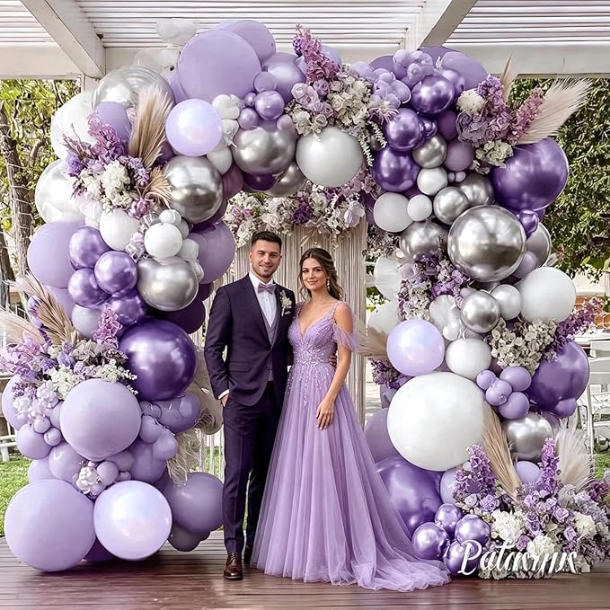 Pastel Purple White Balloon Arch Double Stuffed, Light Lavender Pearl Balloon Garland Kit with Metallic Lilac Silver Color for Bridal Shower Wedding Birthday Graduation Mothers Day Party Decoration
