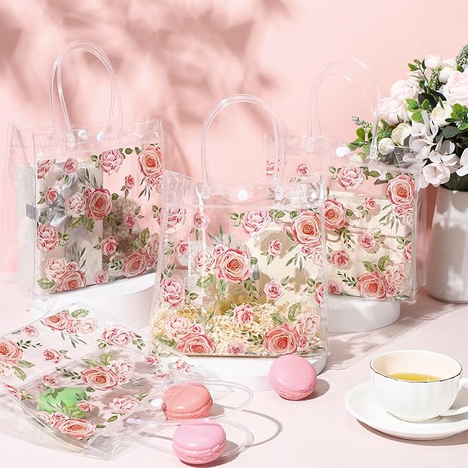 Aliceset 20 Pcs Clear Floral Clear Gift Bags with Handles PVC Flower Rose Party Goodie Treat Bag for Mother's Day Mom Tea Party Baby Shower Spring Birthday Bridal Shower, 8 x 8 x 3.15 Inch