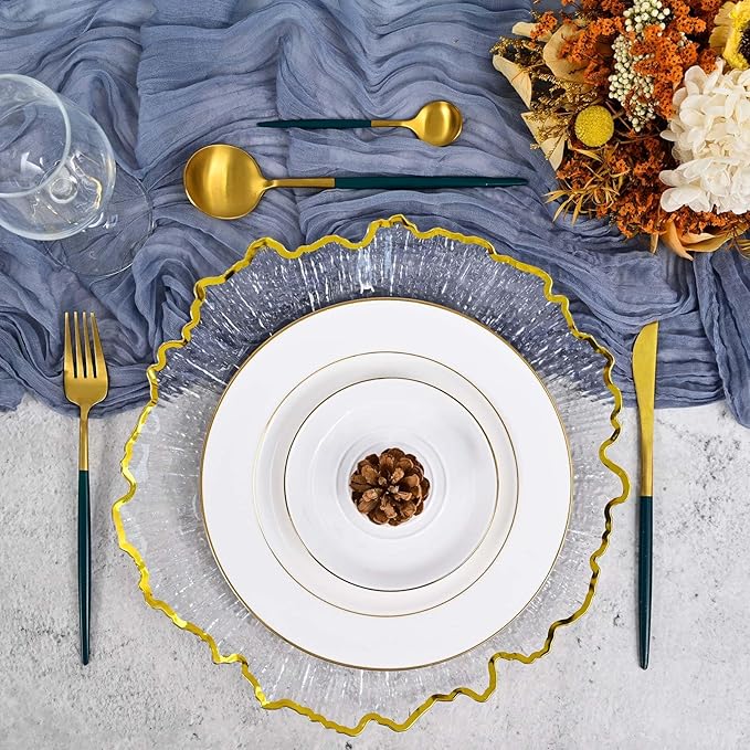 Pesonlook 24Pcs Gold Charger Plates Round 13inch, Clear with Gold Rim, Reef Charger Plate for Dinner, Bulk Plastic Floral Table Plates for Dinner Wedding Party Event