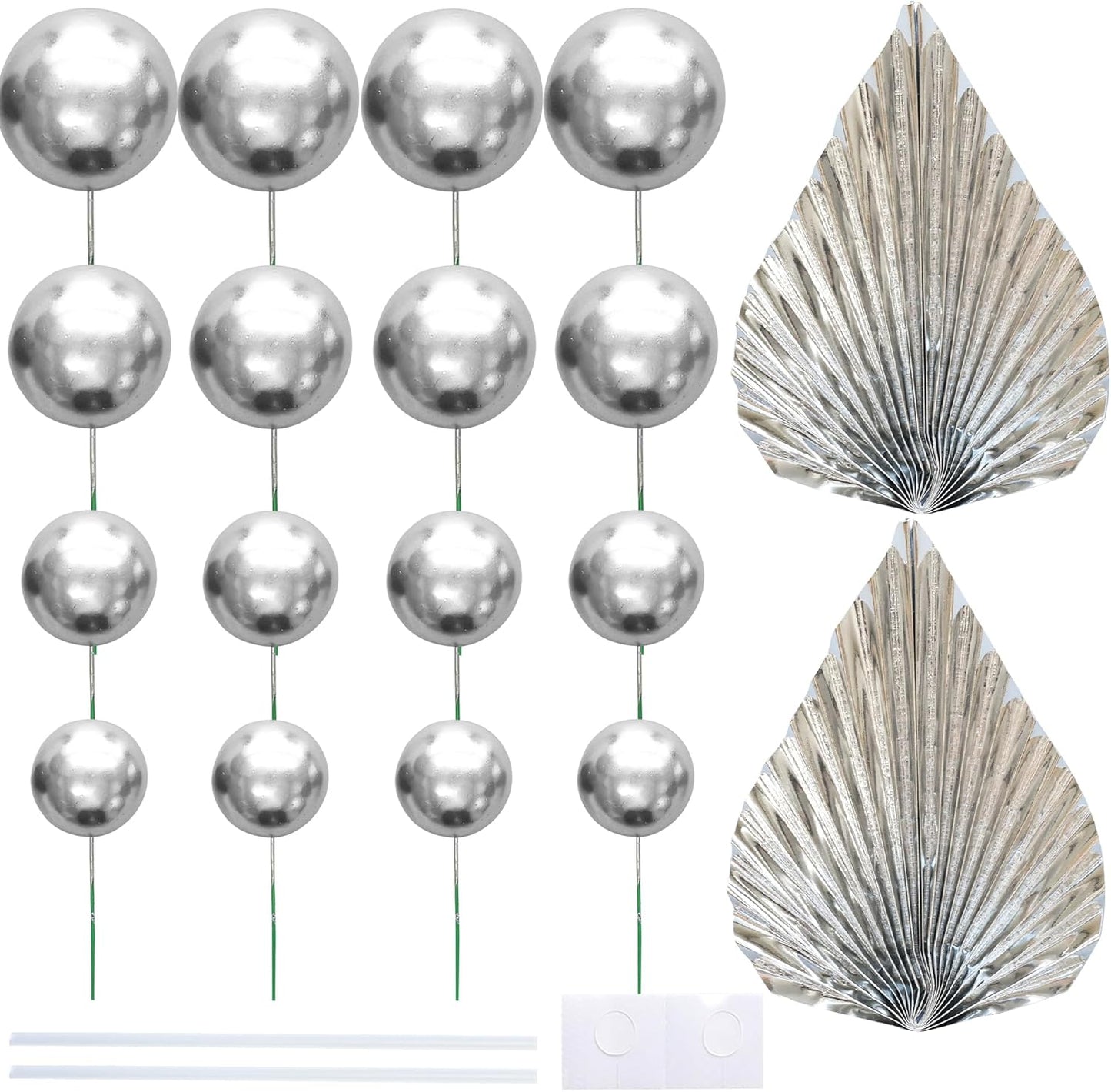 Ephlyn 28Pcs Paper Palm Fan Cake Topper Balls Cake Pick for Baby Shower Wedding Bridal Shower Birthday Party DIY Party Cake Decorations Supplies Silver