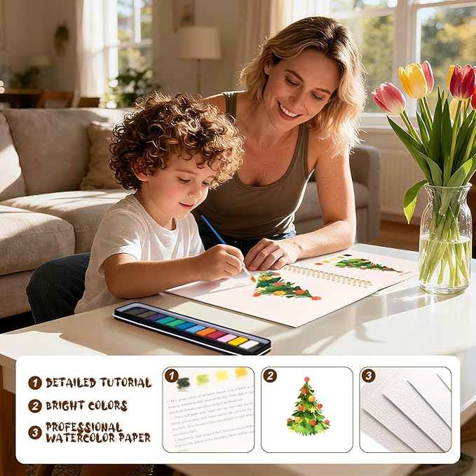 Kivzex Watercolor Workbook for Adults, Beginner Friendly Watercolor Painting Kit Christmas Water Coloring Book, Nature-Themed Practice Art Gift Water Color Paint Book with Palette and Brush