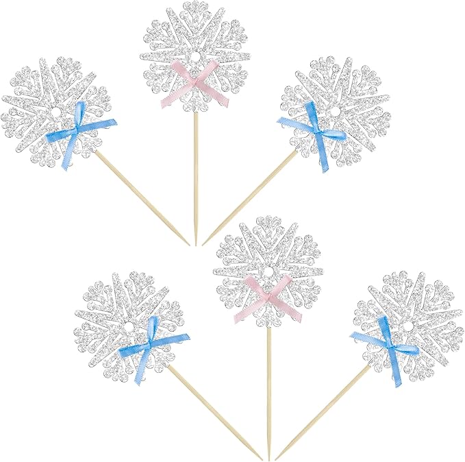 24Pcs Snowflake Cupcake Toppers Glitter Snowflake Cupcake Picks Frozen Pink Blue Bow Snowflake Gender Reveal Cake Decors Baby Shower Gender Reveal Winter Theme Christmas Party Cake Decor Supplies