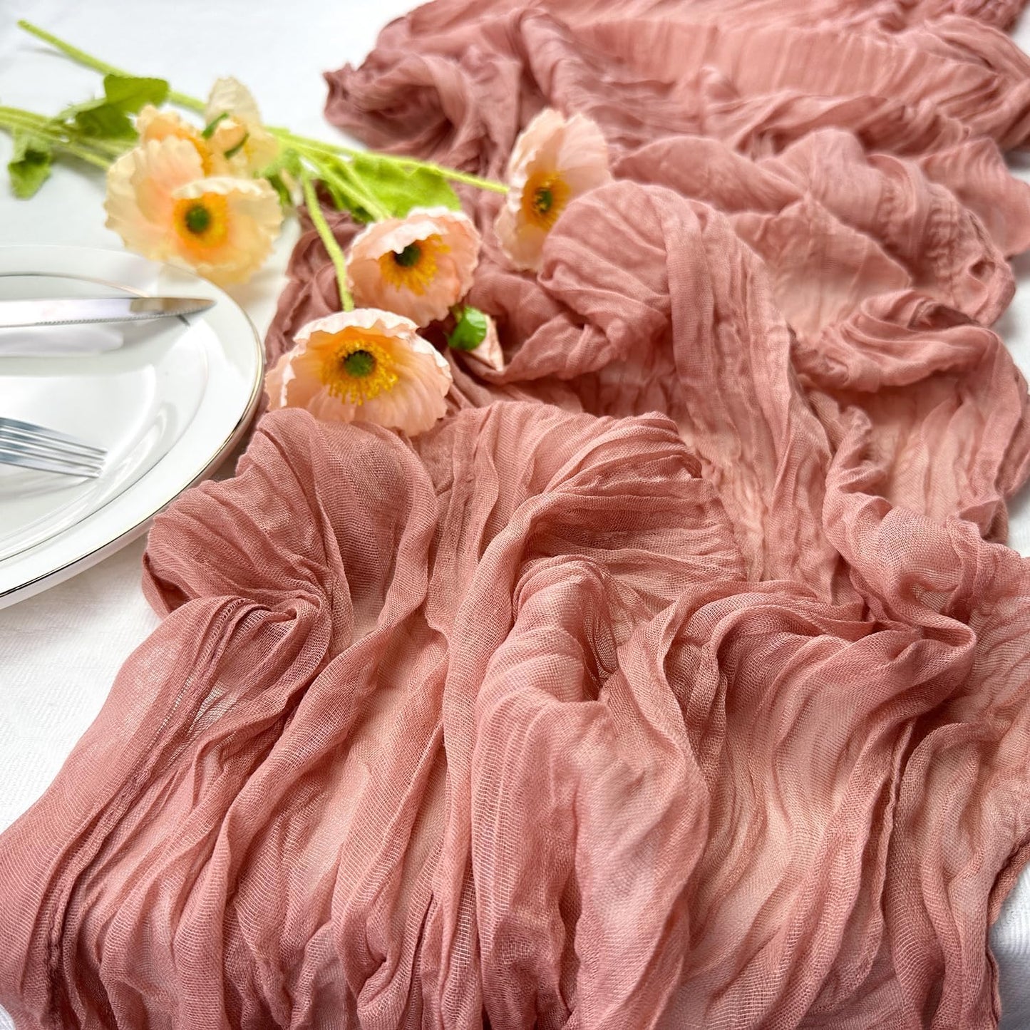 Booque Valley 6 Pack Dusty Blush Cheesecloth Table Runner 10ft Super Soft Boho Wrinkled Gauze Sheer Cloth for Baby Shower Baptism Birthday Party Wedding Centerpiece Table Decoration, 35x120 Inch