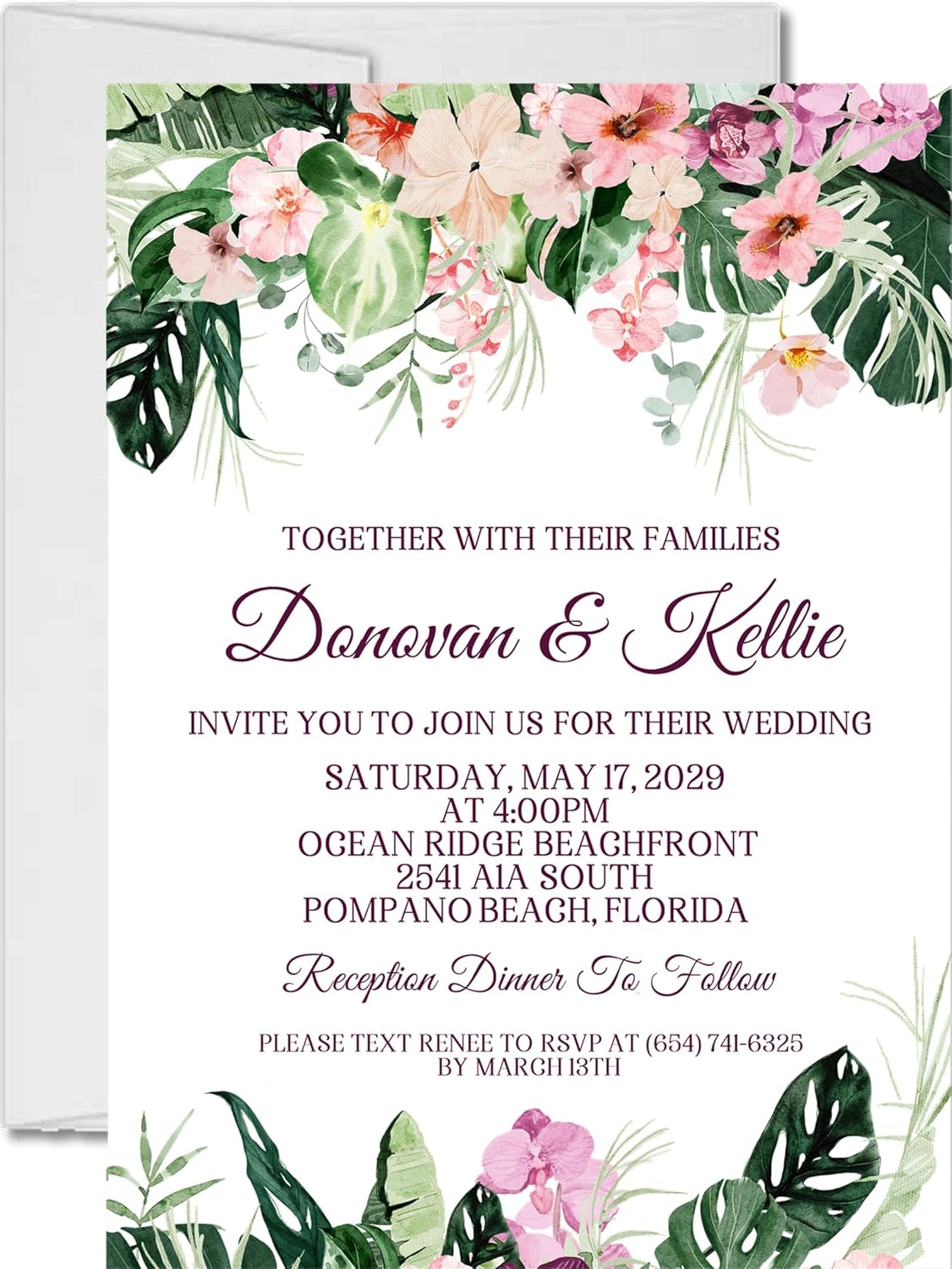 Purple & Green Orchid Wedding Invitations, Tropical Destination, Personalized, Set of 12 Invitations with Envelopes