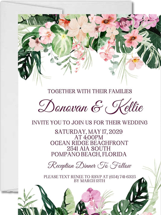 Purple & Green Orchid Wedding Invitations, Tropical Destination, Personalized, Set of 12 Invitations with Envelopes