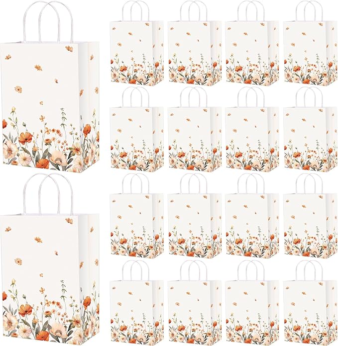 Marspark 24 Pcs Thanksgiving Floral Paper Gift Bags Wildflower Treat Bag with Handles for Wedding Birthday Baby Shower Autumn Floral Candy Goodie Bag for Guests, 8.3'' x 5.9'' x 3.1''(Vintage)