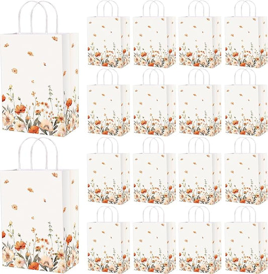 Marspark 24 Pcs Thanksgiving Floral Paper Gift Bags Wildflower Treat Bag with Handles for Wedding Birthday Baby Shower Autumn Floral Candy Goodie Bag for Guests, 8.3'' x 5.9'' x 3.1''(Vintage)