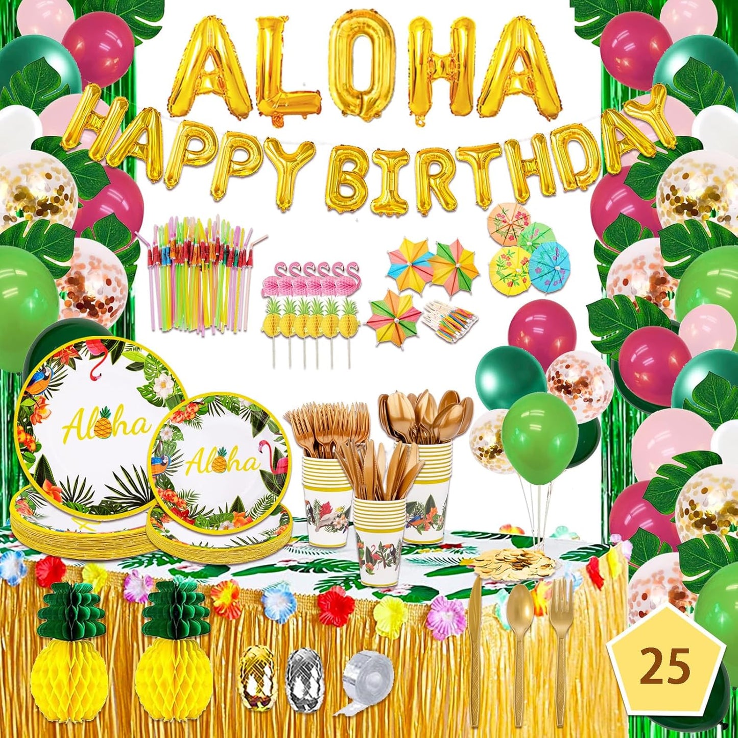 323 Luau Party Decorations, Hawaiian Party Decorations Kit For Adults - "ALOHA"&"HAPPY BIRTHDAY" Banner, Balloons, Cake Topper, Straws, Table Skirt, Dinnerware Set For 25 Guests