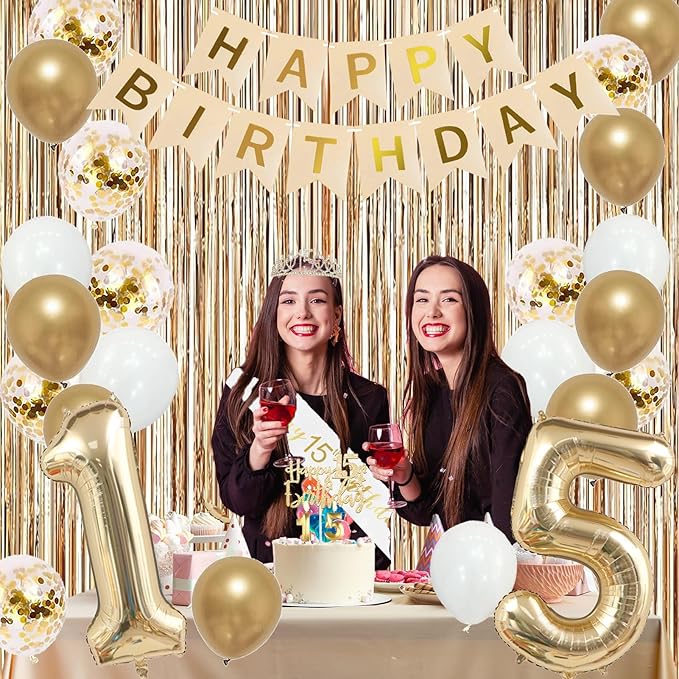 Trgowaul 15th Birthday Decorations for Girls, Banner, Sash and Crown, Cake Topper, 15 Number Balloon, Fringe Curtains, Champagne Gold 15th Birthday Party Supplies