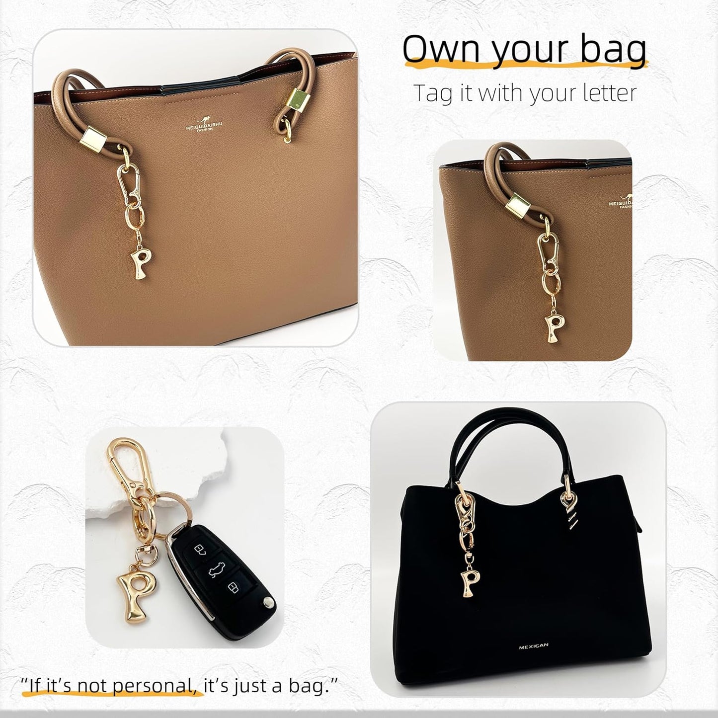 Gold Bubble Heart Initial Bag Charms for Handbags – Cute Initial Letter Keychain for Women, Purse Charms, Gold Gift