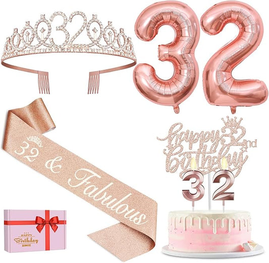 32 Birthday Decorations for Women, Including 32nd Birthday Sash and Tiara, Cake Topper and Candles, Number Balloons, 32 Year Old Gifts for Women