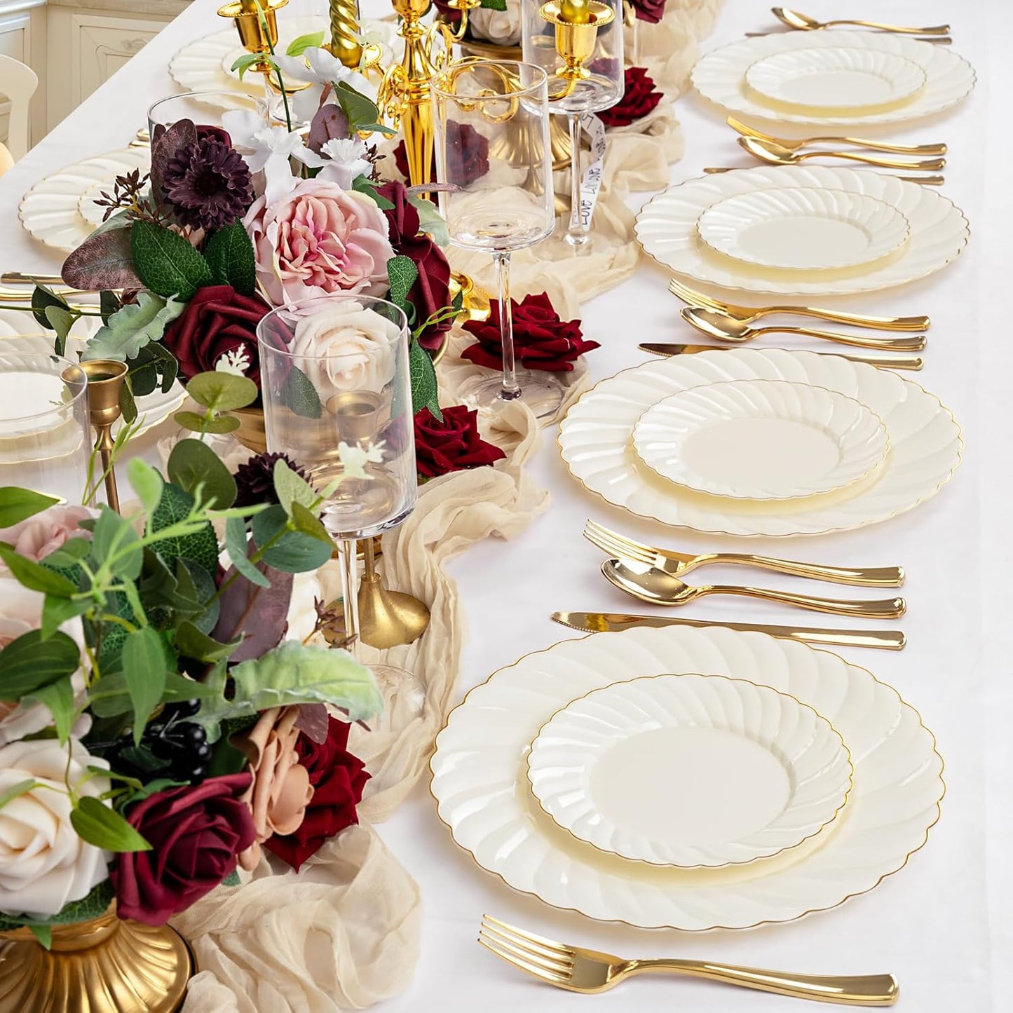 YOUBET 125PCS Scalloped Plastic Plates - Ivory Scalloped Disposable Plates - Gold Plastic Dinnerware Set Include 50 Plates, 75 Gold Silverware for Party & Wedding & Thanksgiving