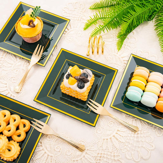 WDF 200PCS Green and Gold Plastic Dessert Plates with Plastic Forks -6’’ 100 Square Disposable Appetizer Plates Small Plates Cake Plates with Gold&100 Green Small Appetizer Forks for Christmas