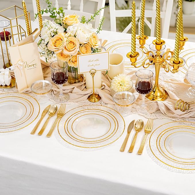 Ciaell 150PCS Clear Gold Plastic Plates - Disposable Gold Rim Plates include 25Dinner Plate, 25Dessert Plate, 25Forks, 25Knives, 25Spoons, 25Cups for Wedding & Party