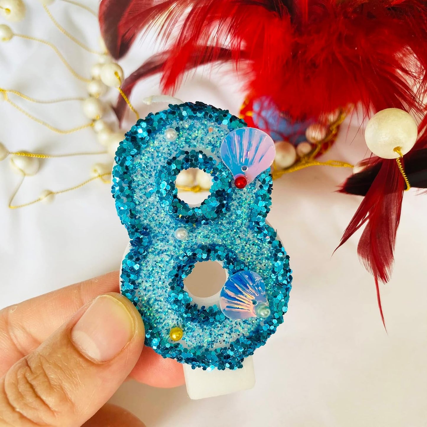 Blue Number Candle,Shell Sequins Number Candles for Birthday Cakes Mermaid Themed Party Supplies Number 8 Candle