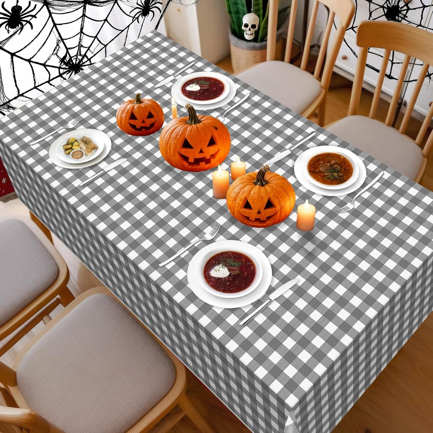 Childom 3 Pack Gray and White Checkered Tablecloths 54"x108" Disposable Plastic Table Cloths Buffalo Plaid Tablecloths for Home,Halloween,Picnic Table Covers for Pizza Party,Race Car Birthday Decors