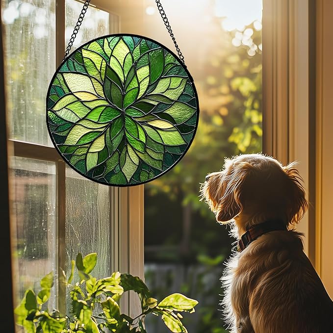 Stained Glass Window Hanging - Green Gradient Flowers Suncatcher for Doors Window Home Plant Sun Catchers Decor Christmas Mother's Day Birthday Gifts for Teacher Women Men Mom Nana 9.8 in