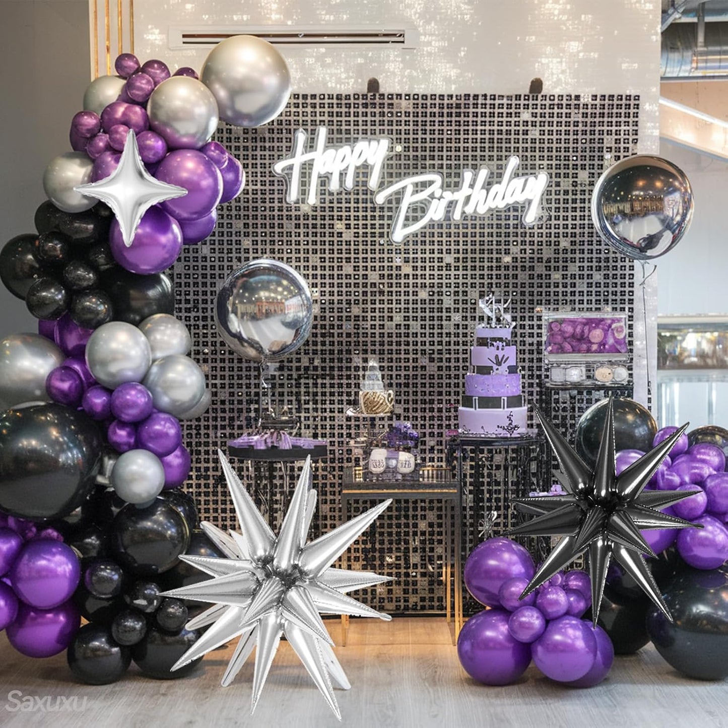 Purple Black Balloon Arch Kit, Black Purple Silver Balloons garland Arch kit, Sliver Star Foil Balloons For Birthday Baby Shower Party Wedding Bachelorette Bridal Shower Graduation Halloween Decor