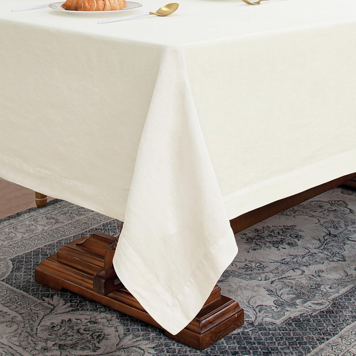 Linen World 100% Linen Tablecloth,Cream Tablecloth 90" x 60" Inch,Washable Rectangular Tablecloth for Dining,Outdoor,Weddings and Restaurants,Decorative Thanksgiving Christmas,Jacquard Weave Design