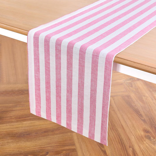 Solino Home Linen Table Runner 60 Inches - Sorrento Stripe 100% Pure Linen Chateau Rose and White Farmhouse Table Runner 14 x 60 Inch Ideal for Dresser and Coffee Tables