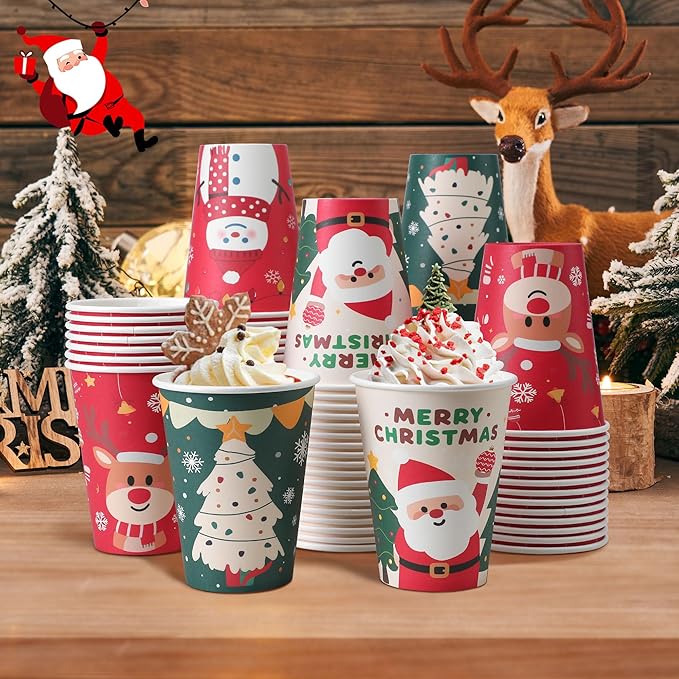 100 Pack 12 oz Christmas Coffee Cups No Lids, Disposable Hot Cold Drinking Cup, 12 Ounce Paper Coffee Cups for Party, Businsess, Holiday, Home