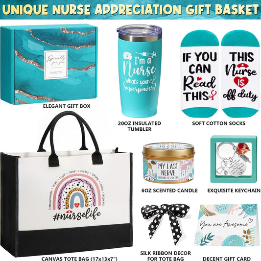 Nurse Gifts for Women, Christmas RN Gifts for Nurses Female, Best Nurse Practitioner Gift for Women Funny School Nurses Appreciation Graduation Gift Basket for Nursing Student with Canvas Tote Bag