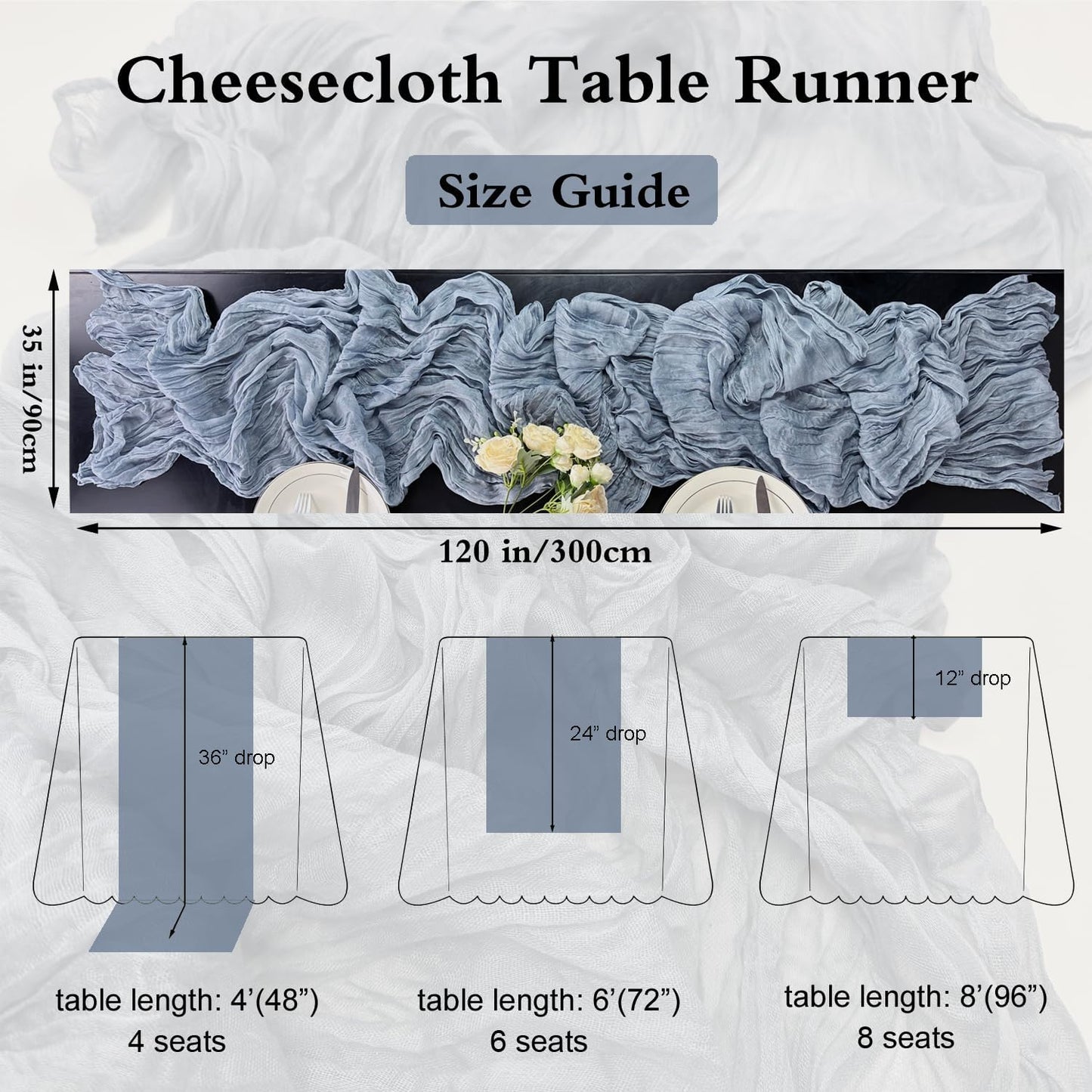 Booque Valley 3 Pack Dusty Blue Cheesecloth Table Runner 10ft Super Soft Boho Wrinkled Gauze Sheer Cloth for Baby Shower Baptism Birthday Party Wedding Centerpiece Table Decoration, 35x120 Inch