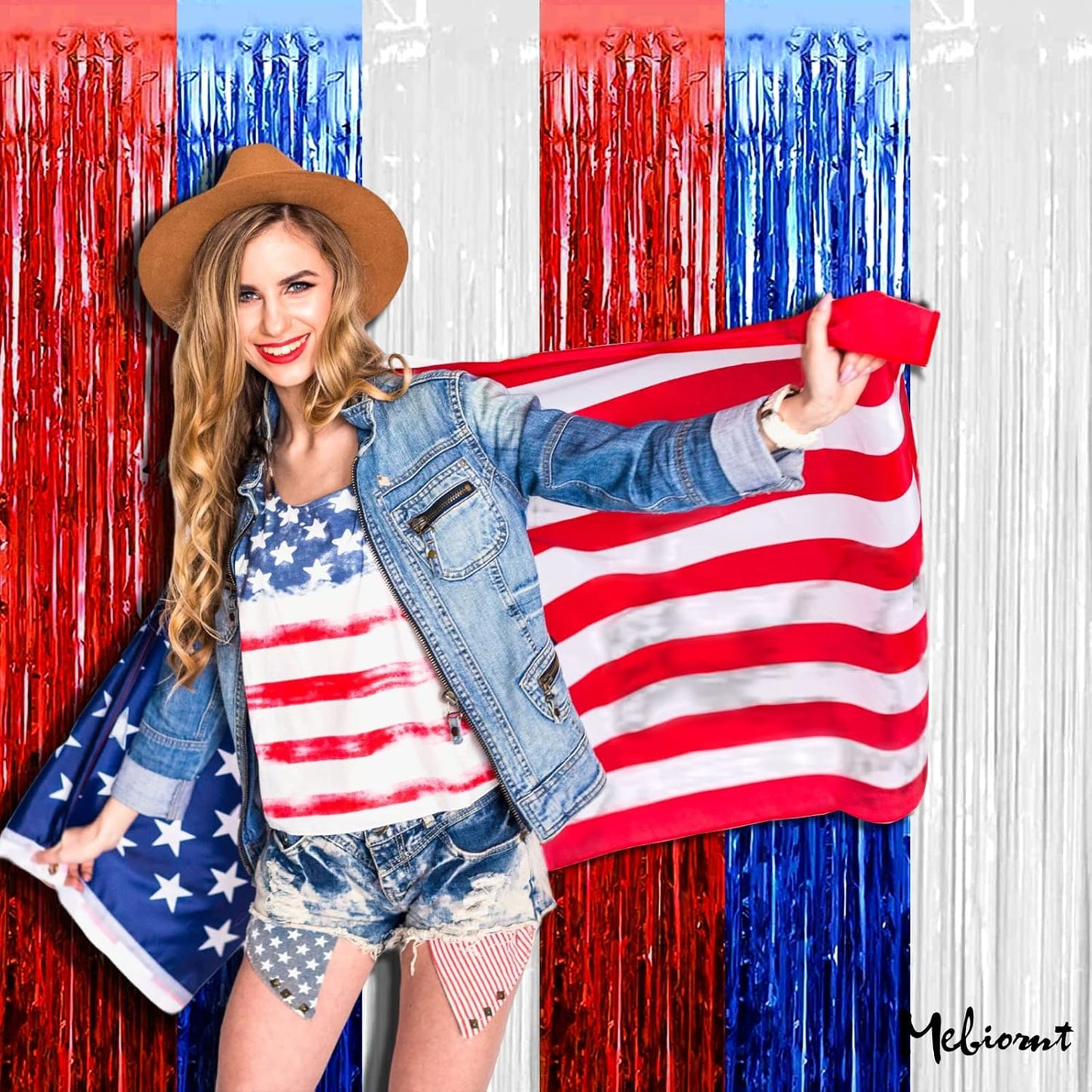 4 Pack 3.2Ft x 9.8Ft Independence Day Fringe Curtain Backdrop, Red Blue White Metallic Tinsel Foil Fringe Streamers Curtains Background for Photo Booth Birthday Wedding Carnival Party Decorations