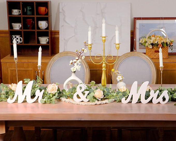 2pcs Large White Mr & Mrs Sign for Wedding Table with 5.91ft Artificial Flowers Garland, Wedding Centerpieces Wooden Bride and Groom Table Decorations for Engagement Decor (Champagne Rose)