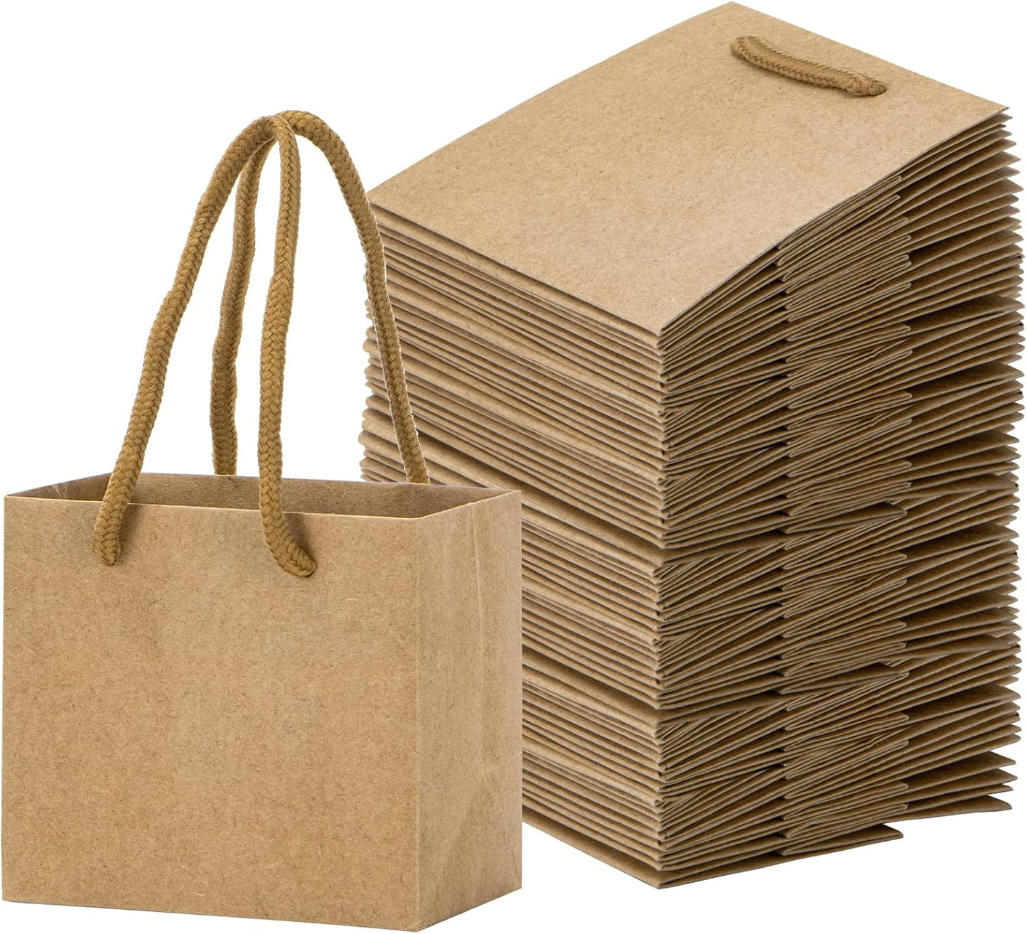 driew Small Brown Gift Bags 50 Pcs, 4.5" x 2.8" x 4" Min Thick Kraft Paper Bags Bulk with Brown Handles Set for Wedding Party Birthday Gathering Baby Shower