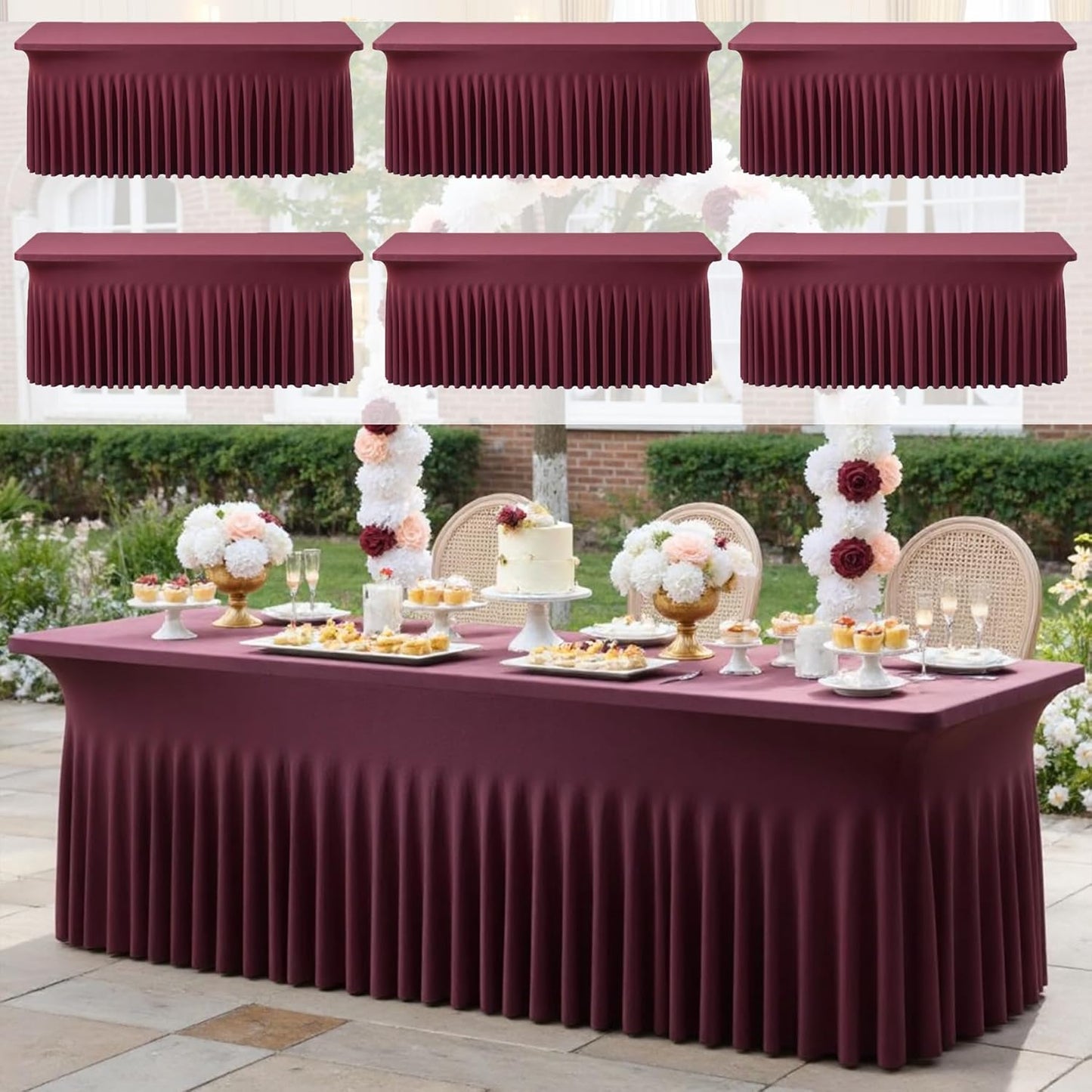 6pk Burgundy Spandex Tablecloths 6ft for Rectangle Tables, Wrinkle Free Classy Table Skirt Stretchy Fitted Table Cloths Covers 6 Foot for Weddings Birthday Party Events Banquette Baby Shower