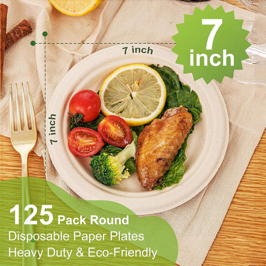 WELLIFE 7 Inch Paper Plates, 125-Pack Small Dessert Paper Plates Bulk, 100% Compostable Biodegradable Bagasse, Eco-Friendly Disposable Plate for Dessert,BBQ,Picnic,Party (BPI Certified,Microwaveable)