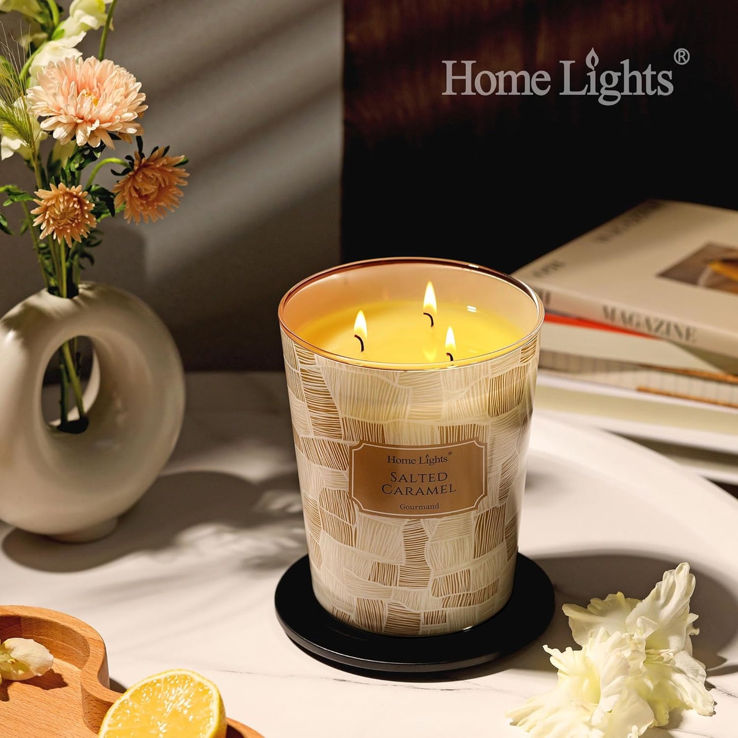HomeLights Large jar Candle | 3-Wick Long-Lasting Scented Candles, 34oz Natural Soy Wax Candle for Home Scented, Rustic Modern Gifts for Women & Men, Salted Caramel
