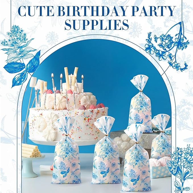 Sweetude 100 Pcs Wildflower Party Cellophane Treat Bags Candy Plastic Clear Goody Bags Gift Supplies for Baby Shower Bridal Shower Birthday Wedding Party Favors, 11"x 5" (Blue and White)