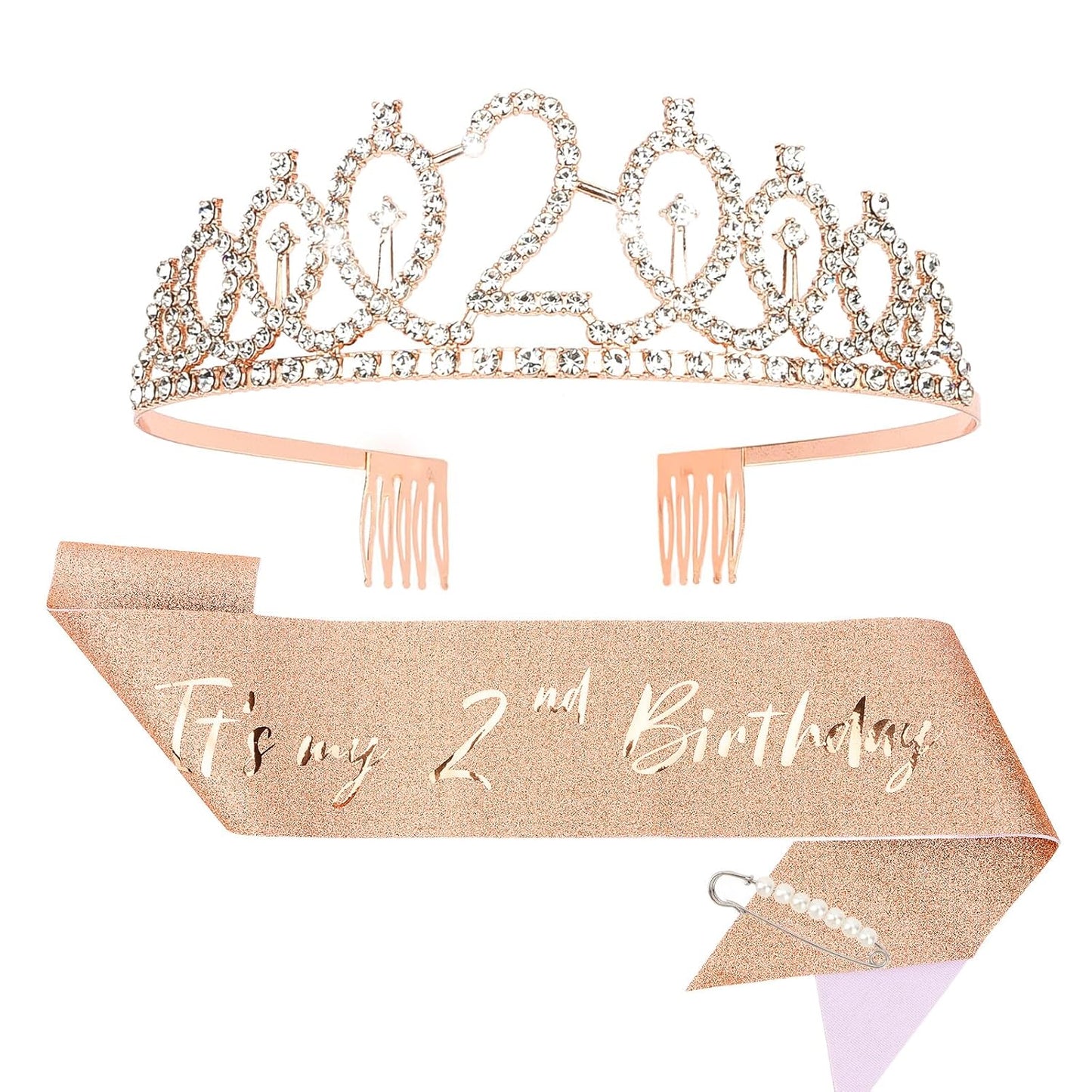 CIEHER 2nd Birthday Crown and Sash, It's My 2 Bday Sash, 2nd Birthday Decorations Rose Gold