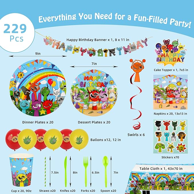 229 PCS Birthday Party Supplies Set – Complete Birthday Decorations with Balloons, Banner, Tablecloth, Cake Toppers, Stickers & Backdrop – Fun Decorations for Kids & Fans