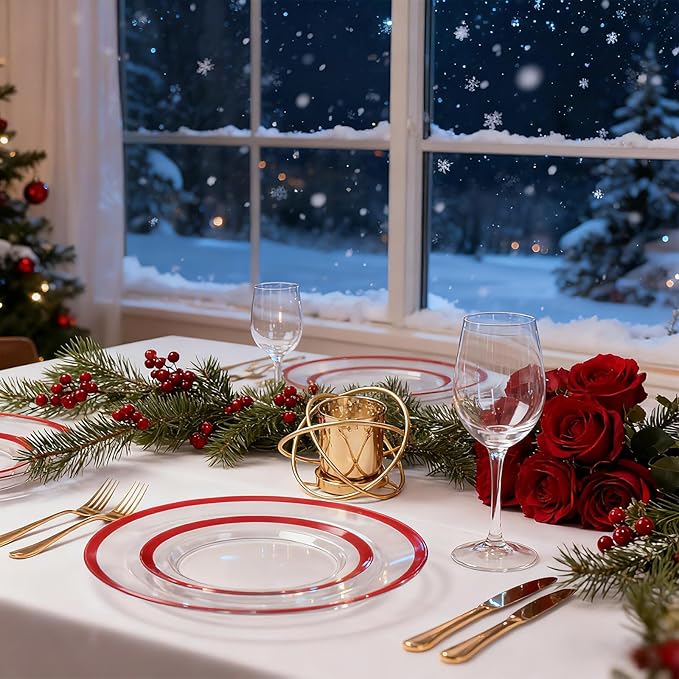 supernal 120pcs Clear and Red Plastic Plates Disposable Heavy Duty Fancy Unique Red Disposable Dinnerware Include Dinner and Dessert Size Perfect for Valentine's Day Party and Wedding