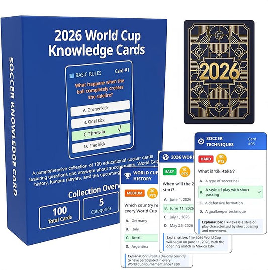 YXYOUNG 2026 World Cup Soccer Knowledge Trivia Cards Game - 100 Educational Question Cards, 5 Categories, 3 Difficulty Levels, Family and Friend Game Gift for Kids and Adults