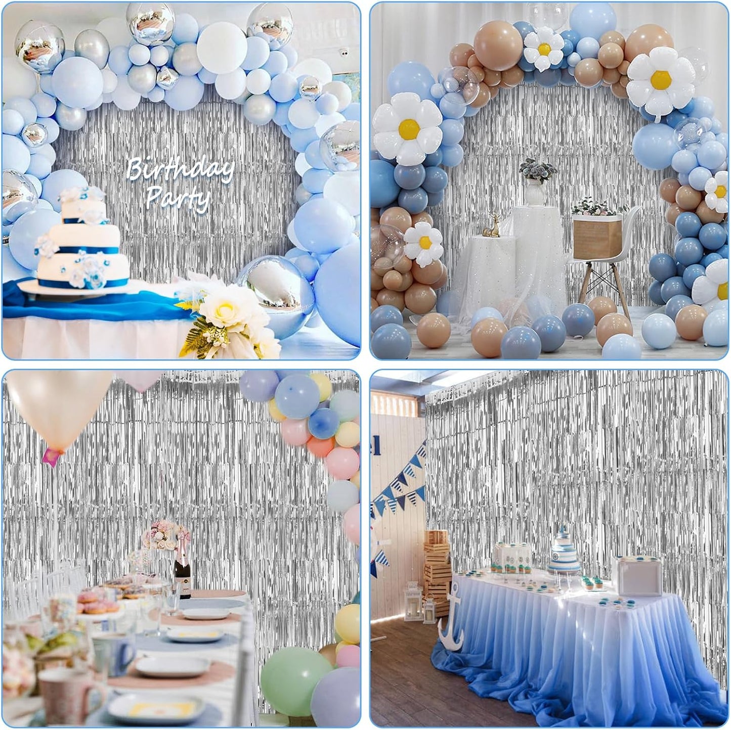 Accevo Silver Party Streamers 3Pack Metallic Tinsel Foil Fringe Curtains 3.2ft x 8.2ft Party Decorations for Photo Booth Photoshoot Birthday Bridal Shower Engagement Bachelorette Disco Party Decor