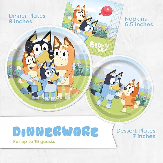 Unique Bluey Birthday Decorations | Bluey Party Decorations | Serves 16 | Officially Licensed | Balloons, Banner, Tablecover, Plates, Napkins, Button