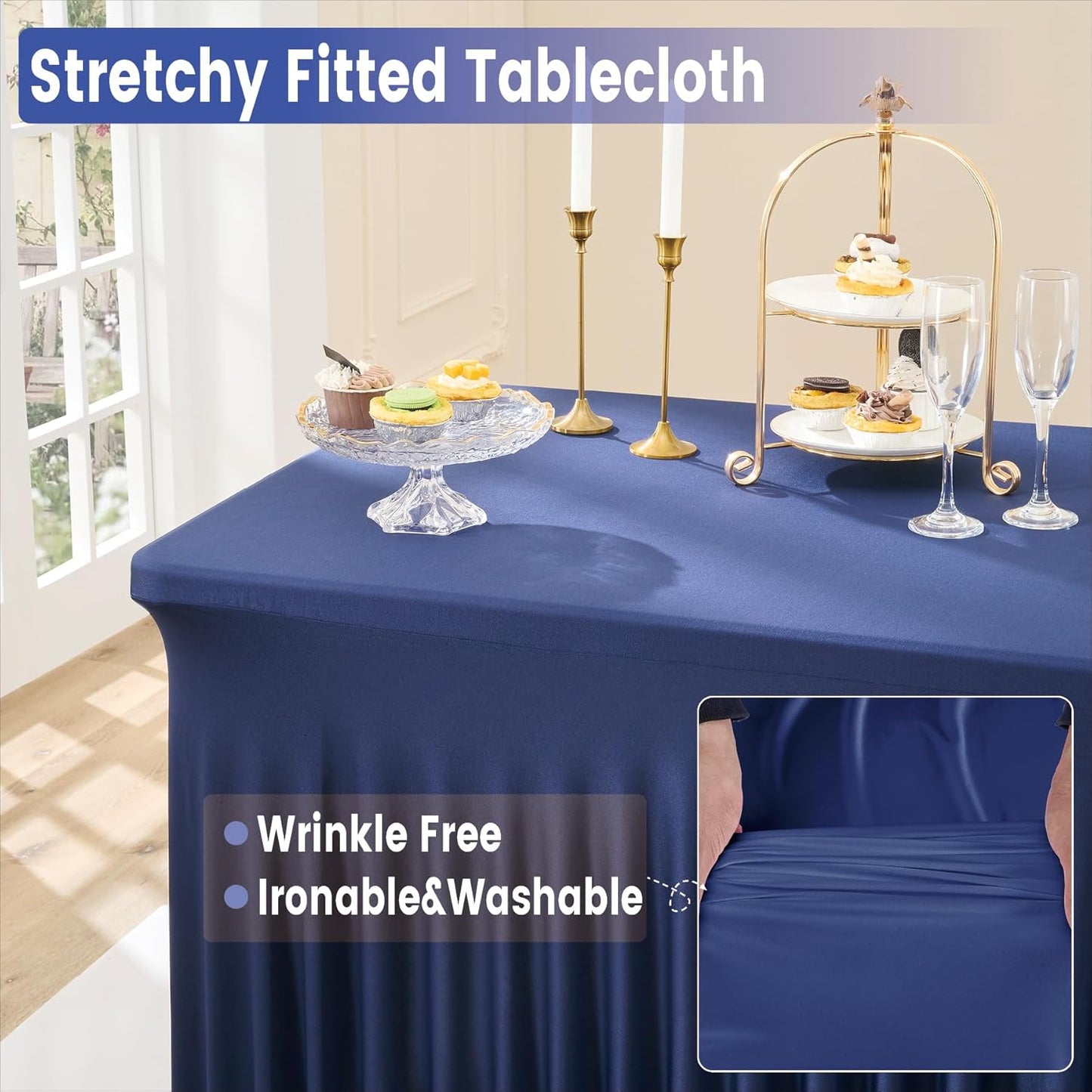 Outpain 6ft Spandex Table Cloth for Standard Folding Tables-6Pack Navy Blue Table Cloth Table Protector for Party, Wedding, Cocktail, Banquet, Festival