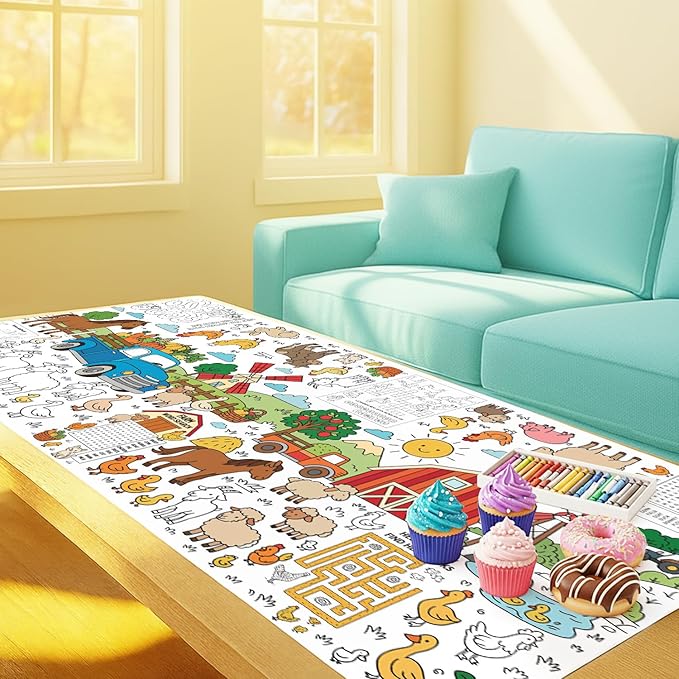 Farm Animal Party Giant Coloring Poster - Large Coloring Tablecloth Animals 31x72 Inch, Versatile Classroom Wall Decor, Birthday Activity, Farm Poster Table Cover for School Parties and Special Events