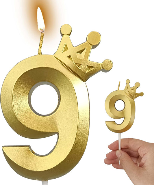 The Number 9 Gold Birthday Candles for Cake is Beautiful Number Candles for 9th Birthday Decorations for Boys and Girls (Gold-9, Crown)