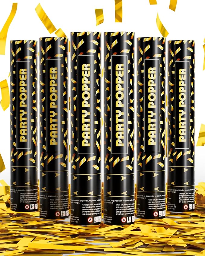 HAPYFMSHI Gold Confetti Cannon Poppers - Party Confetti Shooter Popper for Celebration, Wedding, Birthday, Graduation, New Year's Eve Party(6 Pack)