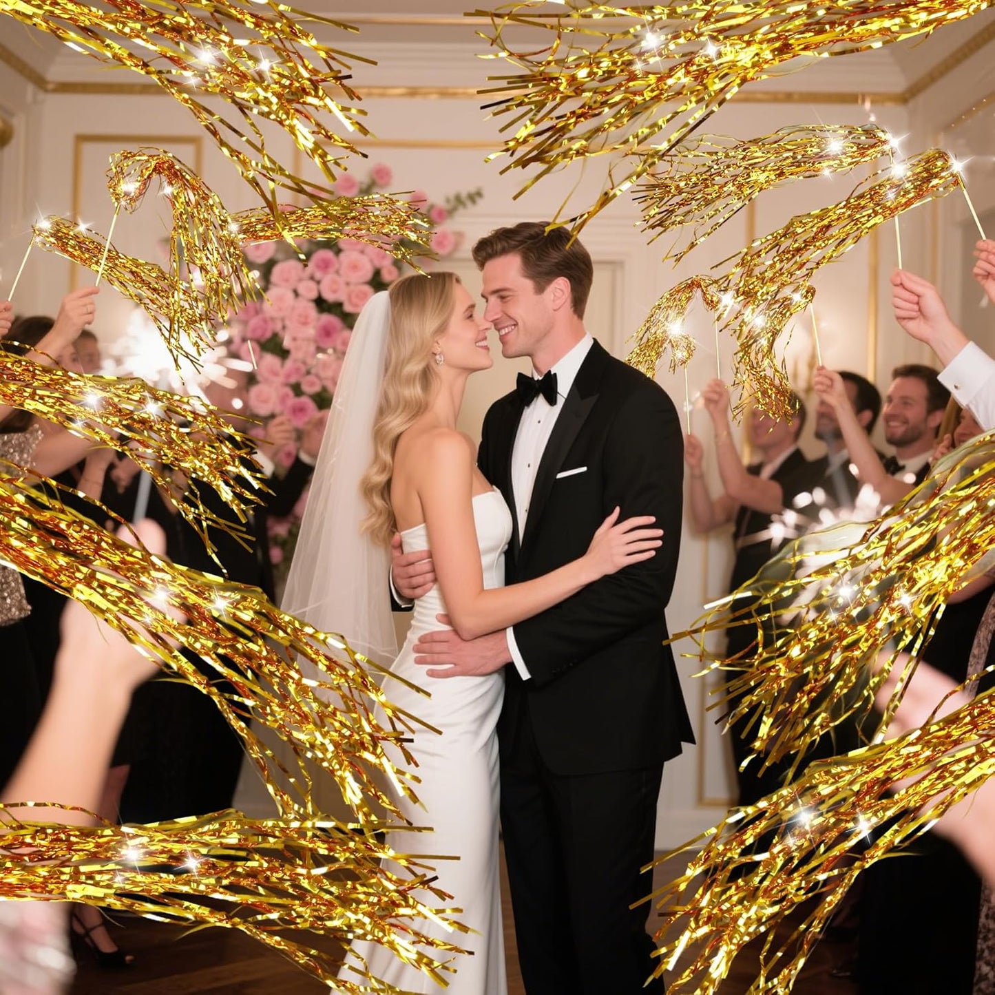 30PCS LED Tinsel Wands,Gold Lighted Wedding Wands Streamers,Light Up Sticks Sparklers for Wedding Send Off and Exits,Birthday Party Favors,Baby Shower,July 4th